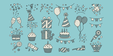 “Festive Party Celebration Icons Set with Balloons, Cake, Gifts, and Confetti”