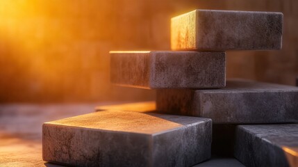 Layered blocks with weathered surfaces bathed in rich orange sunlight, with a soft-focus backdrop