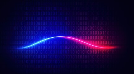 Binary code background with glowing blue to red wave line representing AI data transmission flow