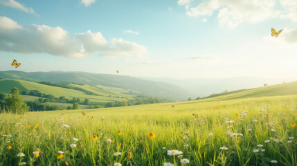 Fototapeta premium Serene landscape featuring vibrant green meadow adorned with wildflowers and butterflies fluttering gentle breeze. sun casts warm glow over hills