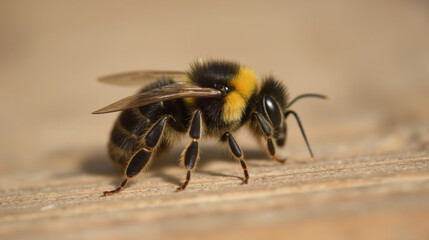 Close up of bee showcasing its fuzzy body and distinct yellow and black stripes, highlighting its role in nature and pollination