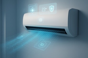 Smart air conditioner emitting clean airflow with temperature and virus protection interface icons