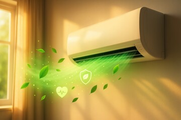 Healthy airflow with green leaves and wellness icons emitted from modern air conditioner indoors