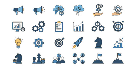 “Business Strategy and Growth Icons Set with Teamwork, Analytics, and Leadership Symbols”