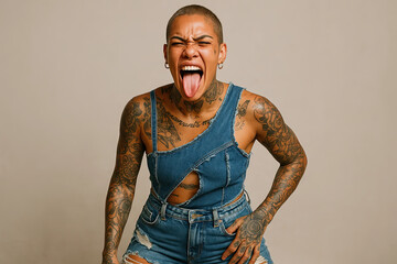 Confident woman showing tongue with tattoos in casual denim outfit  