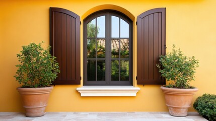 Fototapeta premium Mediterranean-style window with curved top and deep brown shutters against golden yellow exterior