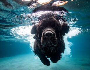 A Newfoundland is swimming underwater, looking straight ahead.