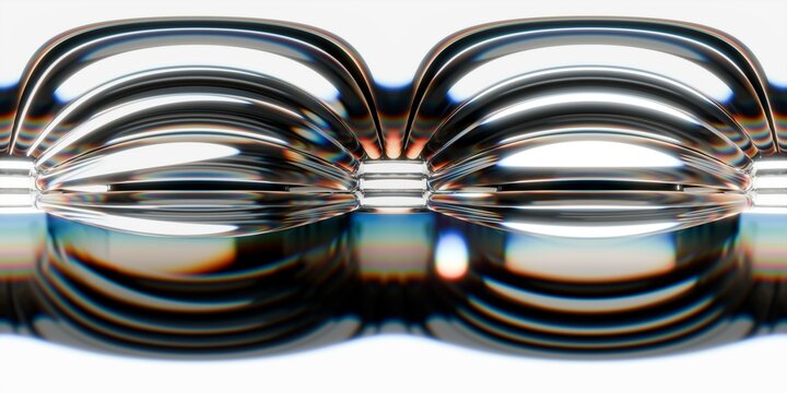 Futuristic 3D render of smooth, arched glass structures reflecting light with rainbow distortions. Symmetrical and abstract, ideal for sci-fi, technology, or modern digital art backgrounds.