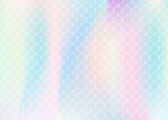 Holographic mermaid background with gradient scales. Bright color transitions. Fish tail banner and invitation. Underwater and sea pattern for girlie party. Stylish back with holographic mermaid.