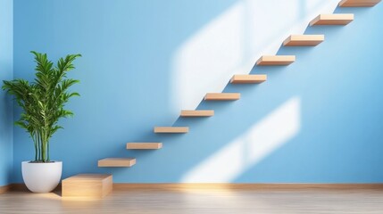 Naklejka premium Modern home staircase with light blue walls and oak steps in natural sunlight