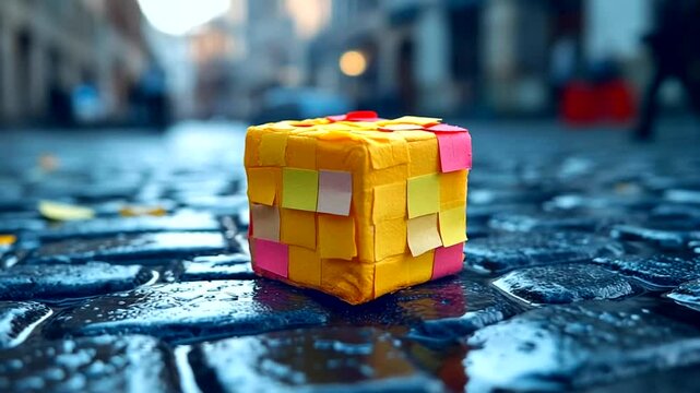 Sticky Note Cube A colorful block in a wet cobblestone street contrasts urban scene