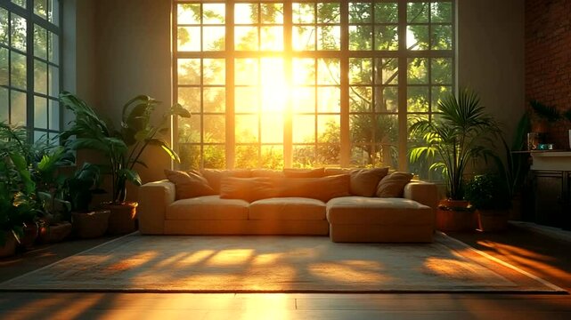 Sundrenched living room Cozy couch basks in golden light surrounded by lush plants inviting warmth and tranquility