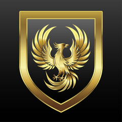 Emblem with a golden phoenix and shield.