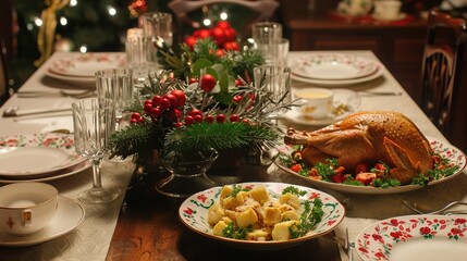 Fototapeta premium Traditional Festive Dinner: Delicious Roasted Turkey Centerpiece on the Table, Holiday Flavors, and Celebratory Ambiance