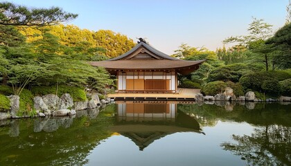 traditional japanese architecture featuring a serene pond and bamboo forest reflecting tranquility and minimalist design