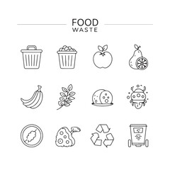 Doodle-style icon set showing organic waste like leftovers, fruit peels, and spoiled food for eco-friendly designs