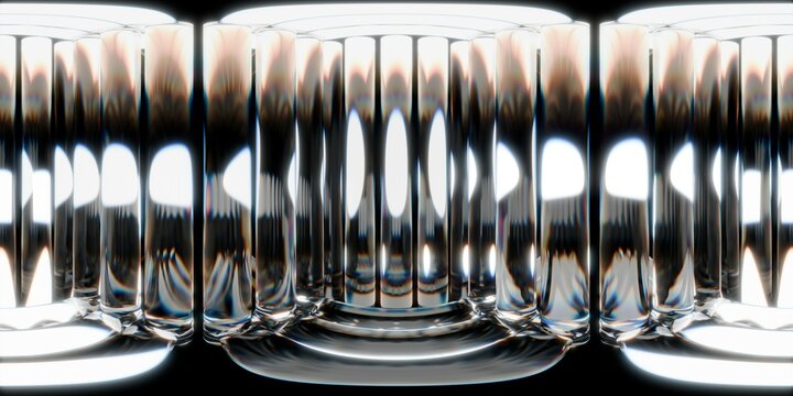 Abstract 3D image of glossy transparent glass-like columns forming a symmetrical tunnel. High contrast reflections and light distortions create a futuristic, high-tech, and immersive visual effect.