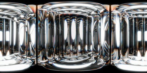 Abstract 3D image of glossy transparent glass-like columns forming a symmetrical tunnel. High contrast reflections and light distortions create a futuristic, high-tech, and immersive visual effect. © barbarazm