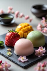 Delicious Mochi Dessert with Strawberry Mango and Green Tea, Spring Theme