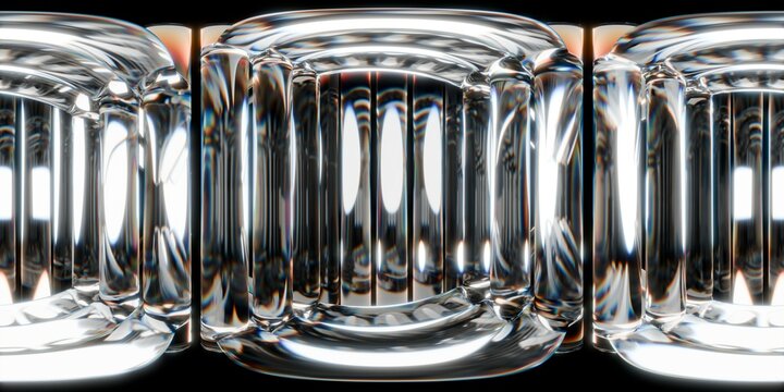 Abstract 3D image of glossy transparent glass-like columns forming a symmetrical tunnel. High contrast reflections and light distortions create a futuristic, high-tech, and immersive visual effect.