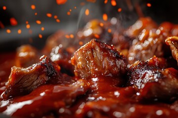 Closeup of delicious bbq beef cubes in rich sauce