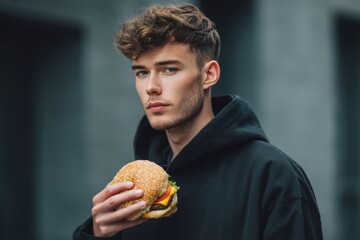 A young man is eating a burger with bun on an outdoor setting. He is dressed in modern street style, suggesting he might be enjoying a casual meal on the go or taking a break from his day. The image