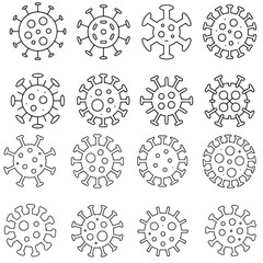 Black Virus Icons Set on White Background, Black Virus Icons with Different Expressions, Virus Icons Line Art Set for Medical Designs
