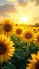 Fototapeta premium Vibrant sunflowers basking in golden sunlight, their faces turned towards the sun in a field of bright yellow and green A stunning display of nature's beauty and summer's warmth , seeds, vibrant