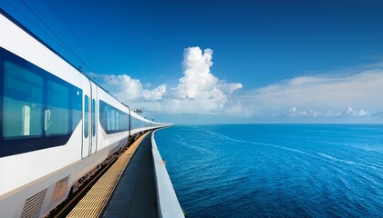 high speed train at platform with ocean view under blue sky