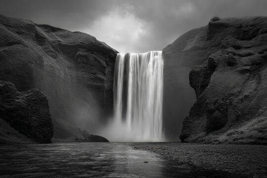 A powerful waterfall cascading into a rocky canyon. Silhouette of the falls against a dramatic sky.