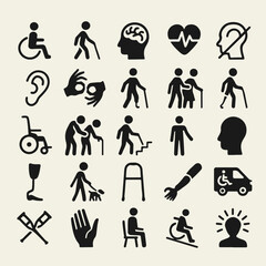 A collection of 25 black and white line icons representing people with disabilities, including prosthetics, wheelchairs, and various mobility aids. Clean outline design, isolated on white.