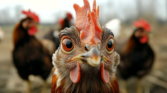 Wideeyed rooster stares intently crest standing tall amidst a flock earthy farm backdrop