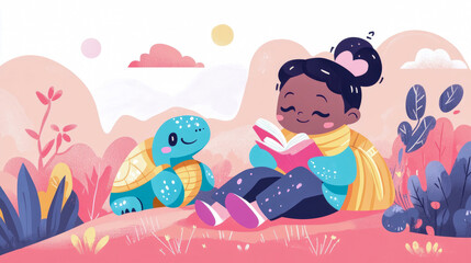 Illustration of Friendship: A Child Reading with a Smiling Turtle in a Whimsical Landscape