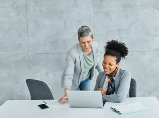 Portrait of two of young businesswomen multiethnic working with laptop on desk and talking in a start up office
