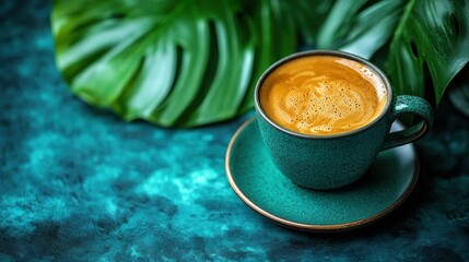 Teal coffee cup on teal background with tropical leaves