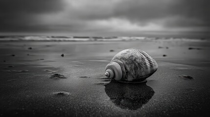 Spiraled Shell on Beach with Reflections in Monochrome Under Dramatic Sky