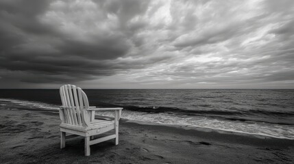 Serene Beach Scene with Empty White Adirondack Chair Against Dramatic Cloudy Sky and Ocean Waves in Black and White