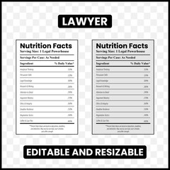 lawyer nutrition facts
lawyer nutrition label
funny lawyer label
lawyer infographic
legal profession humor
lawyer traits poster
lawyer personality facts
lawyer parody label
lawyer joke graphic
