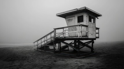 Foggy Beach Lifeguard Tower on Sandy Shore with Empty Landscape and Atmosphere of Solitude and Calmness