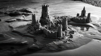 Black and White Sand Castle on Beach with Waves Touching Shoreline in Calm Ocean Environment