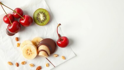 Delicious fruit assortment with chocolate on a white surface for healthy lifestyle