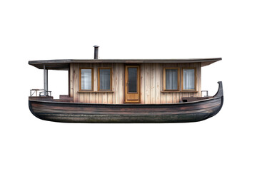 Fototapeta premium Traditional wooden boat with a curved roof, multiple , and rustic appearance, isolated on a white background suitable for maritime and nautical themes