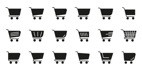 Shopping Cart Solid Icon Set. E-Commerce, Online Shopping, And Retail Marketplace Silhouette Symbol Collection. Various Cart Designs For Digital And Physical Stores. Isolated Vector Illustration © Toxa2x2