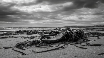 Abandoned Sandal on Beach with Seaweed Under Dramatic Cloudy Sky Landscape