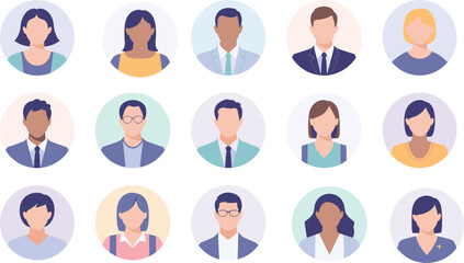 Diverse business team avatar set featuring male and female professionals in flat design style for corporate, human resources, teamwork, and office communication concepts
