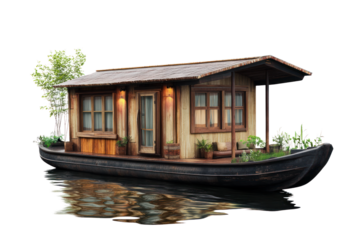 Rustic wooden house built on a boat floating on calm water with lush greenery and trees in the background, cozy waterfront dwelling for nature lovers