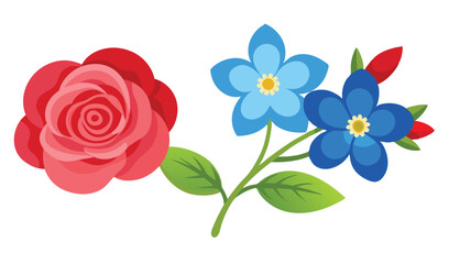 Stylized red rose and blue flowers illustration