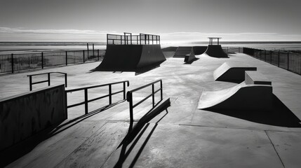 Empty Skatepark with Ramps and Rails Under Bright Sky and Ocean View in Black and White
