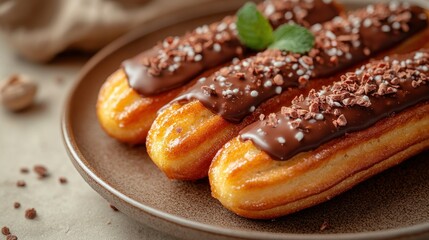 Three delicious pastries, glazed with chocolate