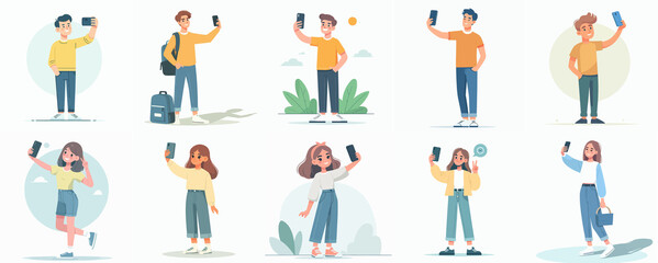 Teens Taking Selfies – Cute Cartoon Characters with Smartphones